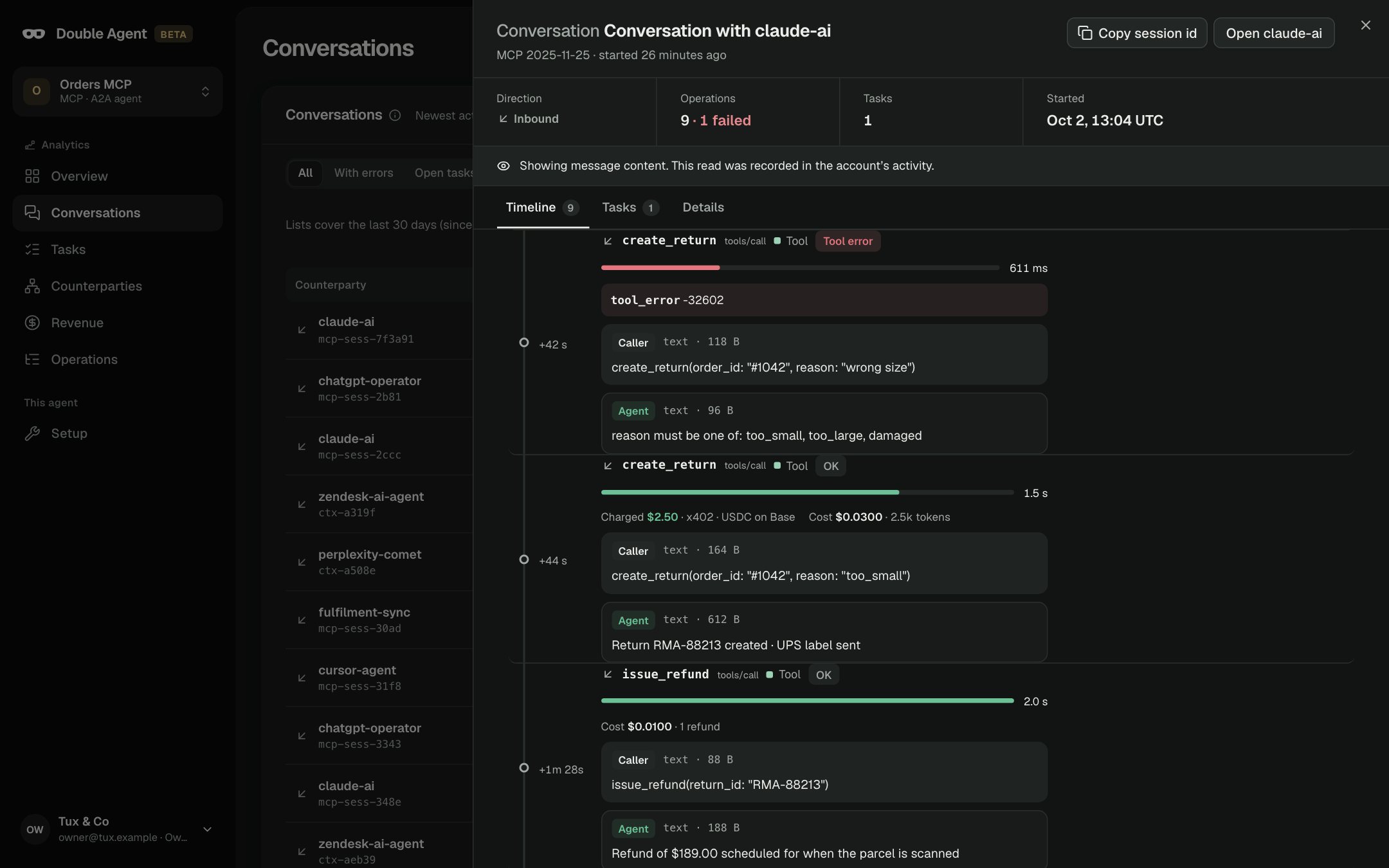 One conversation between agents as a timeline: each tool call with its latency, cost and messages