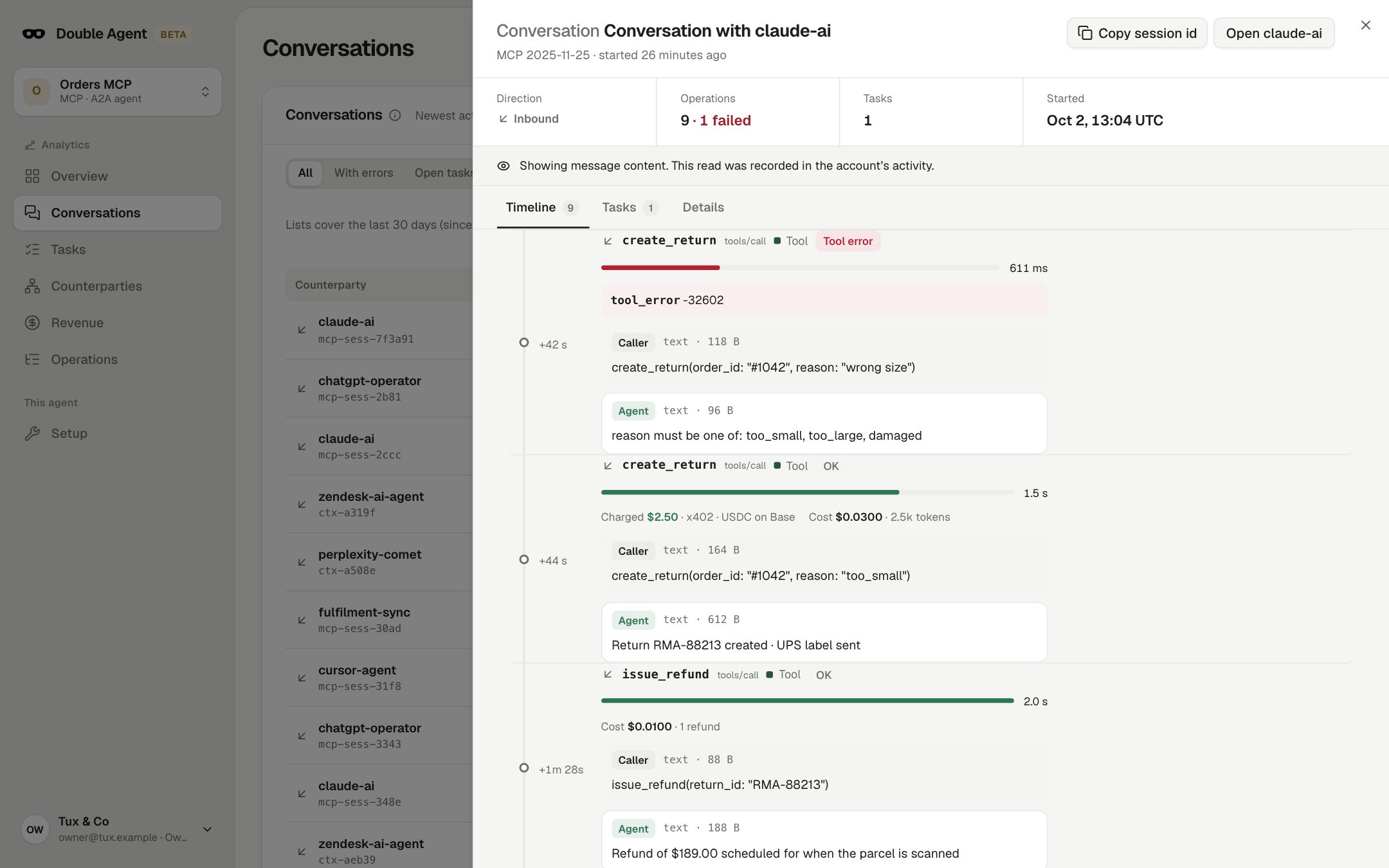 One conversation between agents as a timeline: each tool call with its latency, cost and messages